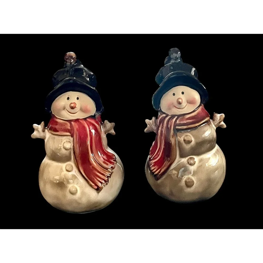 Christmas‎ Snowman Salt & Pepper Shaker Set VTG Kirklands Potters Garden Ceramic